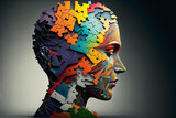 Fototapeta  - Colorful, very abstract thoughtful head composed of variously colored jigsaw pieces. Created with generative ai art