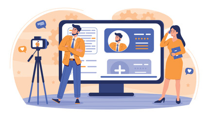 Sticker - Recruitment agency concept. Man and woman with camera stand in front of computer monitor. Promotion of goods and services, modern marketing methods. Poster or banner. Cartoon flat vector illustration