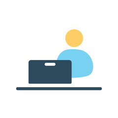 Poster - analytics man icon. young guy behind laptop, stylish logotype for company or organization. workplace