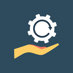 Poster - analytics coghweel icon. hand with gear, metaphor for information processing and logical thinking. p