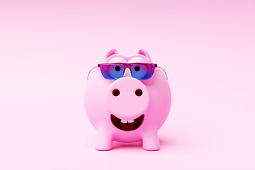 Fototapete - 3D illustration, pink piggy bank in sunglasses with Money creative business concept. The pink pig is holding golden coins. Save and accumulate money savings. Cheerful cartoon pig