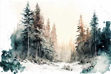 Wall Mural - watercolor background drawn landscape of foggy forest Wild nature, frozen, misty, taiga. Created with Generative AI technology.