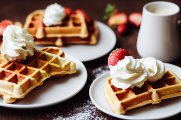 Wall Mural - fresh delicious waffles with whipped cream and strawberry fruit, generative AI