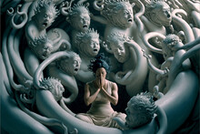 A Stressed Out Woman Meditates In Chaos, Ai Generated Image Of A Cross Legged Woman Surrounded By Monsters And Crazy Thoughts
