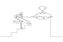 Cartoon Of Businesswoman Use Pencil To Create His Own Stair To Success Metaphor Of Way To Success. Continuous Line Art