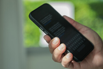 Poster - Man sending text message and sms with smartphone Communication Text Message Using Mobile Phone Online chat chatting