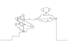 Cartoon Of Muslim Businesswoman Use Pencil To Create His Own Stair To Success Metaphor Of Way To Success. Single Continuous Line Art Style