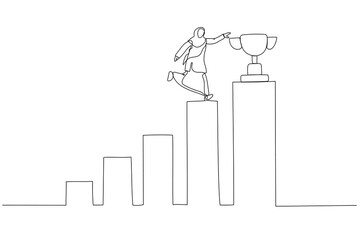 Drawing of winning muslim businesswoman step up growing bar graph to win the trophy success concept. Single line art style