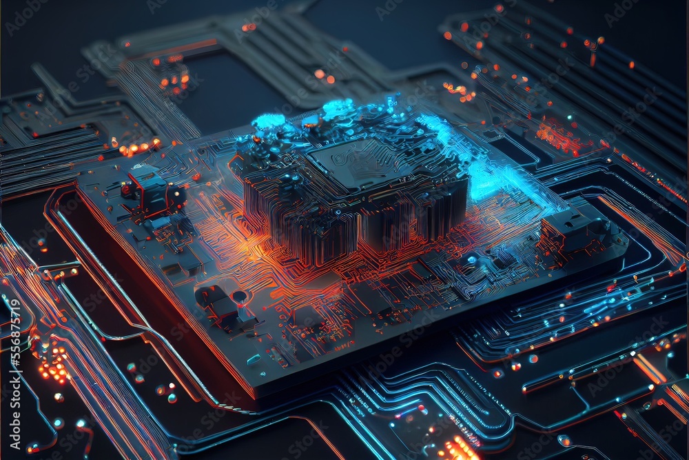 close-up macro shot of circuit cyberspace board with computer ...