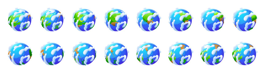 Wall Mural - earth globe rotation. icons of world, planet from different views. green and blue planet with white 