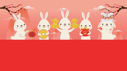 Happy Chinese new year 2023 year of the rabbit, cute Little bunny happy new year, HNY, gong xi fa cai, greeting card  Cartoon vector illustration isolated wallpaper background, Translation New Year