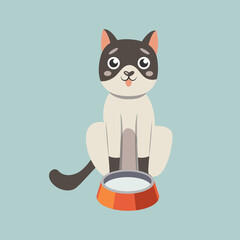 Wall Mural - Cute black and white cat cartoon character with milk illustration. Comic domestic animal with milk or water in bowl isolated on blue background. Pets, food concept