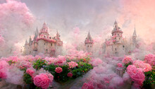 Magical Unusual Fairy-tale Palaces, Flower Beds With Roses.