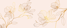 Luxury Floral Golden Line Art Wallpaper. Elegant Gradient Gold Magnolia Flowers Pattern Background. Design Illustration For Decorative, Card, Home Decor, Invitation, Packaging, Print, Cover, Banner.