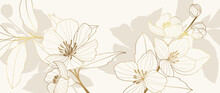 Luxury Floral Golden Line Art Wallpaper. Elegant Golden Cherry Blossom Flowers Pattern Background. Design Illustration For Decorative, Card, Home Decor, Invitation, Packaging, Print, Cover, Banner.