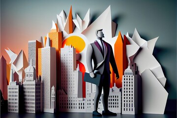 Wall Mural - Business man in the city background, colorful. Business handshaking, successful concept. Paper cut craft, 3d paper illustration style. Neural network generated AI art.