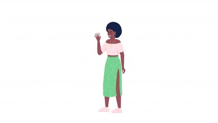 Poster - Animated female character waving. Woman saying hi. Speech bubble. Full body flat person on white background with alpha channel transparency. Colorful cartoon style HD video footage for animation