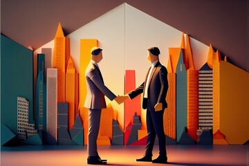 Wall Mural - Business man in the city background, colorful. Business handshaking, successful concept. Paper cut craft, 3d paper illustration style. Neural network generated AI art.