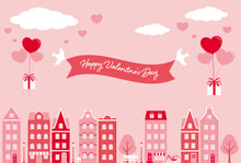 Valentine’s Day Vector Background With City Landscape With Houses And Heart Balloons For Banners, Cards, Flyers, Social Media Wallpapers, Etc.