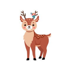 Wall Mural - comic deer standing vector illustration. reindeer or fawn cartoon character, wild animal with antler