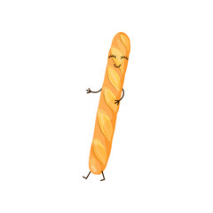 Wall Mural - Cute bread baguette cartoon character vector illustration. Clipart of bread, funny comic bread isolated on white background. Food, bakery, breakfast concept