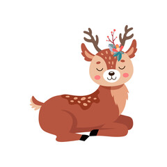 Wall Mural - comic calm deer sitting vector illustration. reindeer or fawn cartoon character, wild animal with an