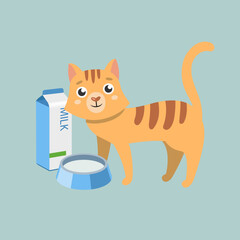 Wall Mural - Cute orange cat cartoon character with milk box illustration. Comic domestic animal with milk or water in carton box isolated on blue background. Pets, food concept