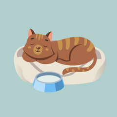 Wall Mural - Cute brown cat cartoon character with milk illustration. Comic domestic sleeping animal with milk or water in bowl isolated on blue background. Pets, food concept