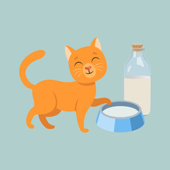 Wall Mural - Cute orange cat cartoon character with milk vector illustration. Comic domestic animal with milk or water in bowl, bottle of milk isolated on blue background. Pets, food concept
