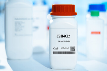 Poster - C2H4Cl2 ethylene dichloride CAS 107-06-2 chemical substance in white plastic laboratory packaging