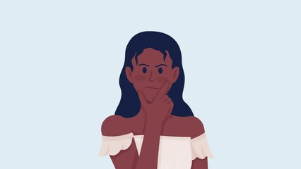 Poster - Animated perplexed lady emotion. Thinking woman. Flat character head with facial expression animation. Colorful cartoon style HD video footage on light blue with alpha channel transparency