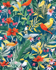 Wall Mural - Birds, jungle and floral illustration with outlines. Pattern for wallpapers, fabrics, wrappers, postcards, greeting cards, wedding invitations, banners.