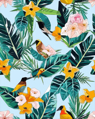 Wall Mural - Birds, jungle and floral illustration with outlines. Pattern for wallpapers, fabrics, wrappers, postcards, greeting cards, wedding invitations, banners.