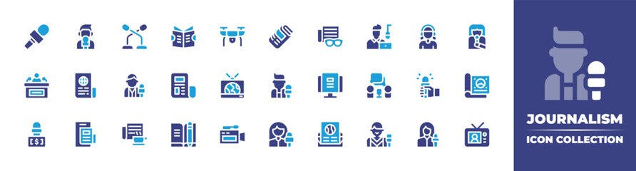 Journalism icon collection. Duotone color. Vector illustration. Containing microphone, journalist, press conference, newspaper, drone, broadcasting, reporter, news report, online, interview, and more.