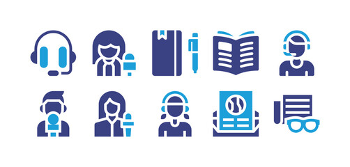 Journalism icon set. Duotone color. Vector illustration. Containing headphones, journalist, notebook, journal, reporter, mail, newspaper.