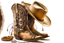 Old Cowboy Boots With Hat On Top Isolated On White Background