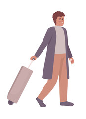 Poster - Young man with suitcase semi flat color vector character. Editable figure. Full body person on white. Going to trip simple cartoon style illustration for web graphic design and animation