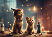 Curious Party Cats Watching Dangling Light With Candles And Wine Bottles In The Background, Generative AI