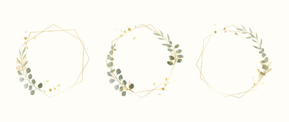 Aufkleber - Set of luxury wedding frame element vector illustration. Watercolor and golden leaf branch with polygonal frame and brush stroke texture. Design suitable for frame, invitation card, poster, banner.