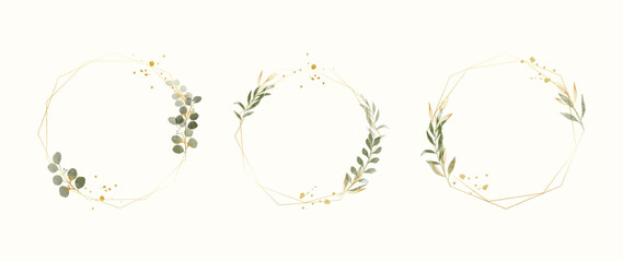 Fototapete - Set of luxury wedding frame element vector illustration. Watercolor and golden leaf branch with polygonal frame and brush stroke texture. Design suitable for frame, invitation card, poster, banner.
