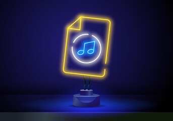 Wall Mural - Music note neon sign. Party, disco and advertisement design.