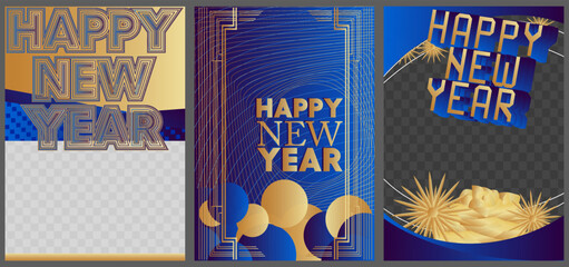 Poster - Luxury deluxe Happy New Year vector illustration poster set. Abstract elegant event Template for website, banner, book cover, presentation.