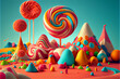multicolored candy forming a rainbow colored fantasy landscape