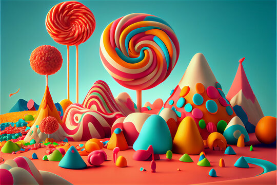 multicolored candy forming a rainbow colored fantasy landscape