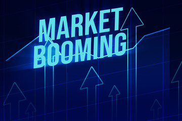 Poster - Market Booming business background with blue glowing arrows and graph. Modern finance and market concept backdrop