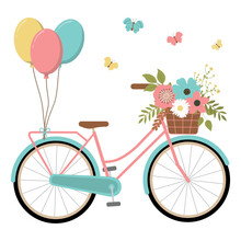 Hand Drawn Spring Turquoise Bicycle With Flowers In A Basket, Butterflies, And Balloons. Isolated On White Background. Vector Illustration. Retro Bicycle With Colorful Flowers In A Basket.