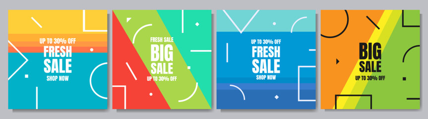Fototapete - Vector abstract illustration. Neo memphis pattern poster collection. Bright color. Cool graphic background. Design elements for social media template, web banner. 70s, 80s retro funky graphic