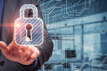 Poster - Close up of male hand pointing at glowing padlock and circuit hologram on blurry office interior background. Secure, safety and password concept. Double exposure.