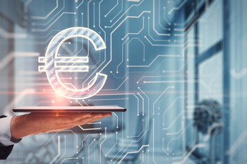 Poster - Close up of hand holding cellphone with glowing euro circuit sign on blurry office interior background. Digital money transaction concept. Double exposure.