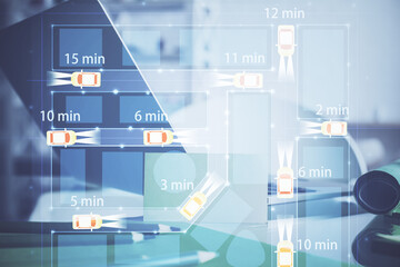 Poster - Desktop computer background in office with automobile hologram drawing. Multi exposure. Tech concept.